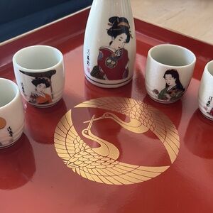 Red and Gold Crane Design Japanese lacquered tray